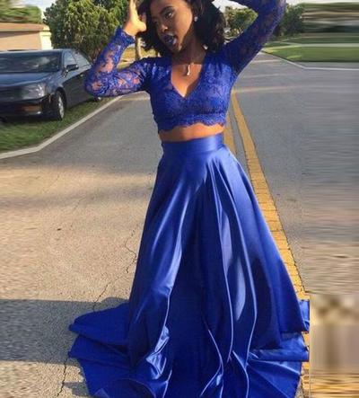 Two Pieces Royal Blue Prom Dress with Long Sleeves
