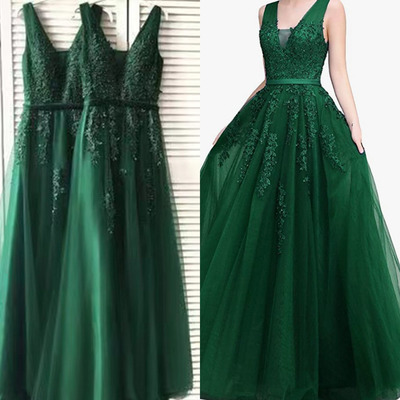 V neck green prom dresses with lace tulle  - Thumbnail 3