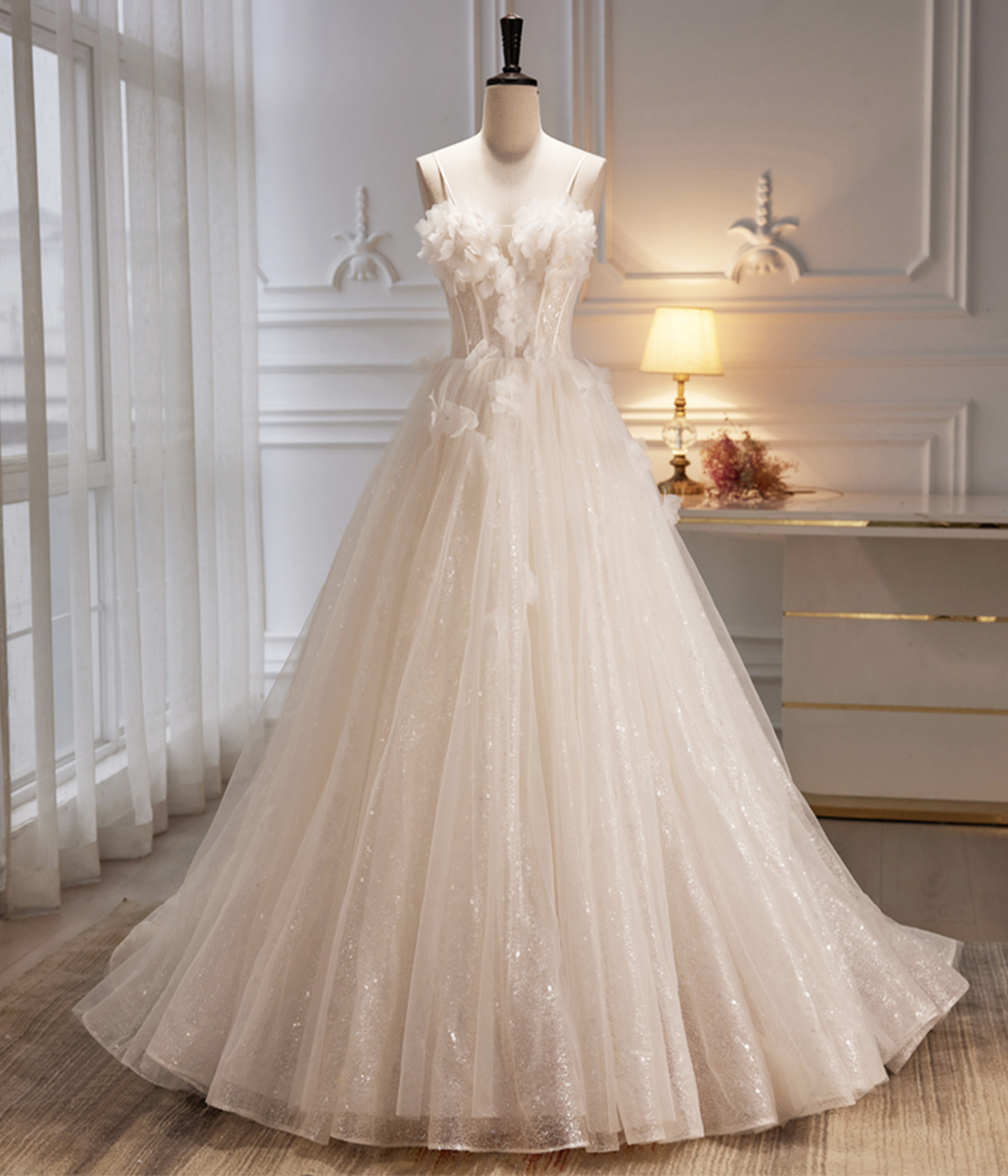 Champagne Strapless Long Tulle Prom Dress, Cute A-Line Evening Party Dress