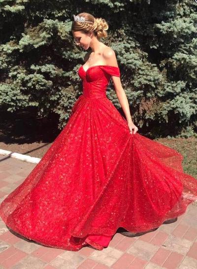 Off Shoulder Sparkly Red A Line Prom Dresses