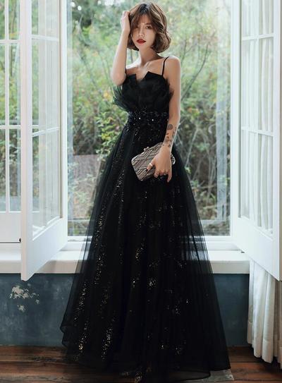A Line Black Lace Sequins Long Tulle Prom Dresses