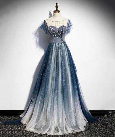 A line blue v back tulle prom dress