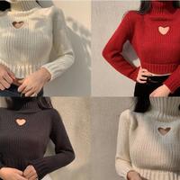 Hollow out Heart Turtleneck Cropped Knitted Sweater - Thumbnail 7