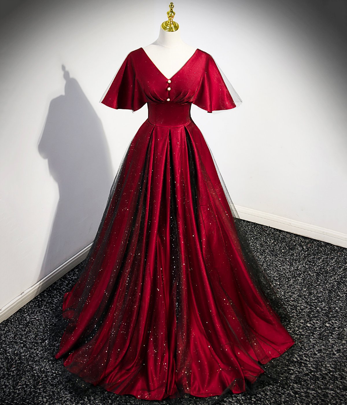 Burgundy V-Neck Satin Tulle Long Prom Dress, A-Line Evening Dress