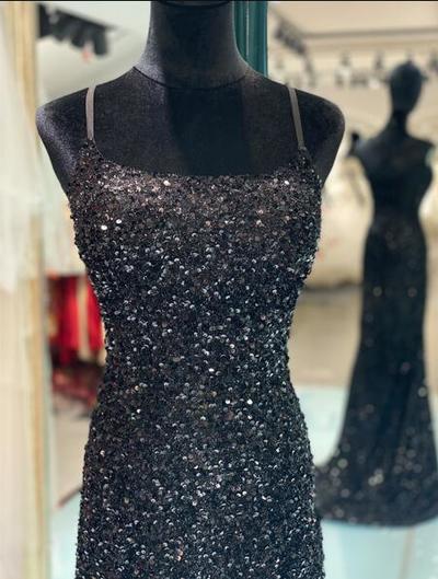 A Line Sequins Long Prom Dresses With High Slit