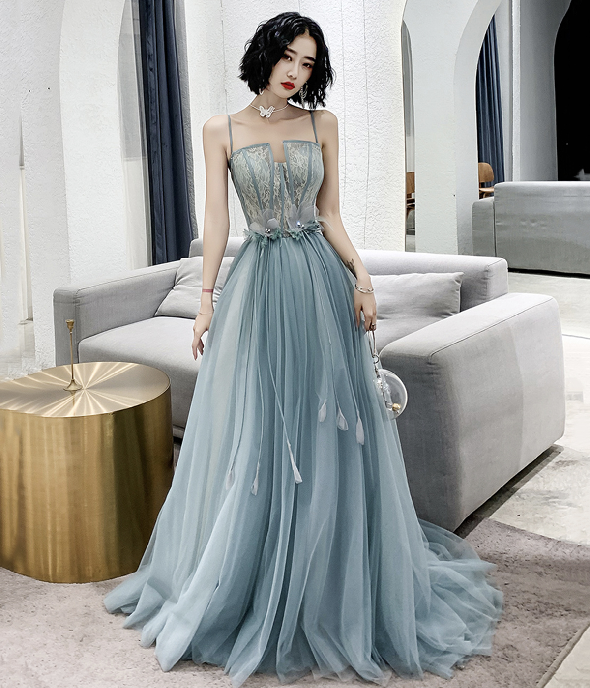 Blue Spaghetti Strap Tulle Long Prom Dress with Lace