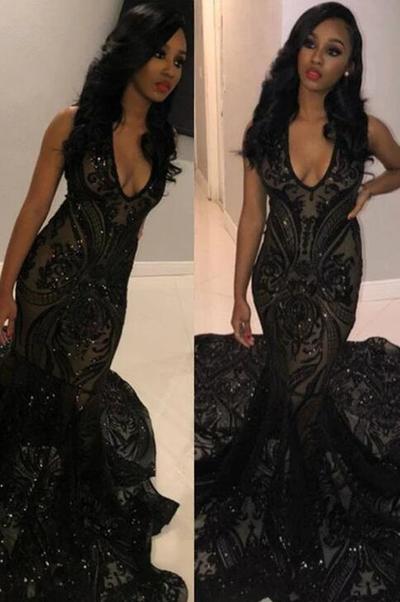 Sexy Mermaid Black Girl V-Neck Sleeveless Sequin Prom Dresses