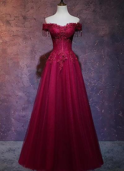 Beautiful Off Shoulder Wine Red Tulle Long Prom Dress