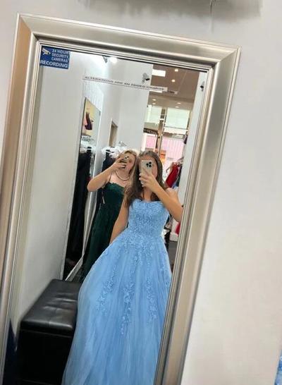 Spaghetti Strap A Line Blue Evening Prom Dresses