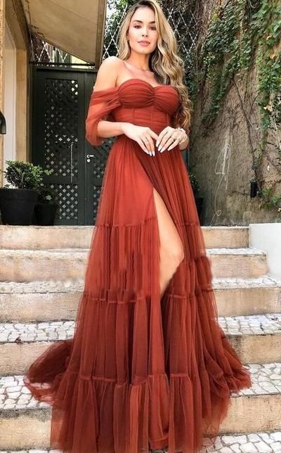Simple A Line Long Tulle Prom Evening Dresses