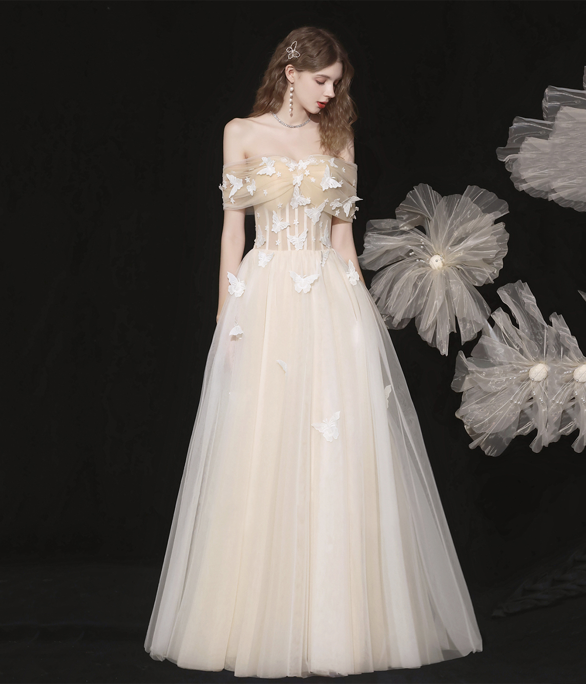 Champagne Tulle Lace Long Prom Dress, Beautiful A-Line Evening Dress