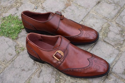 Classic Men's Hand Made Brown Wingtip Brogue Single Monk Strap Leather Formal Shoes