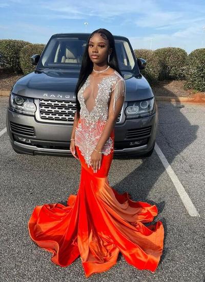 Mermaid Long Orange Prom Dresses With Beading
