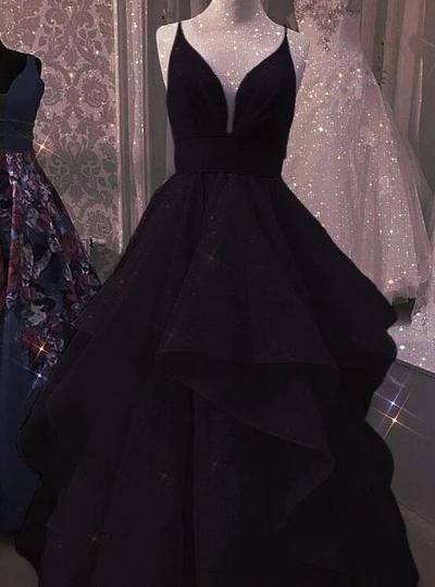 Simple A Line Black Tulle Evening Dresses