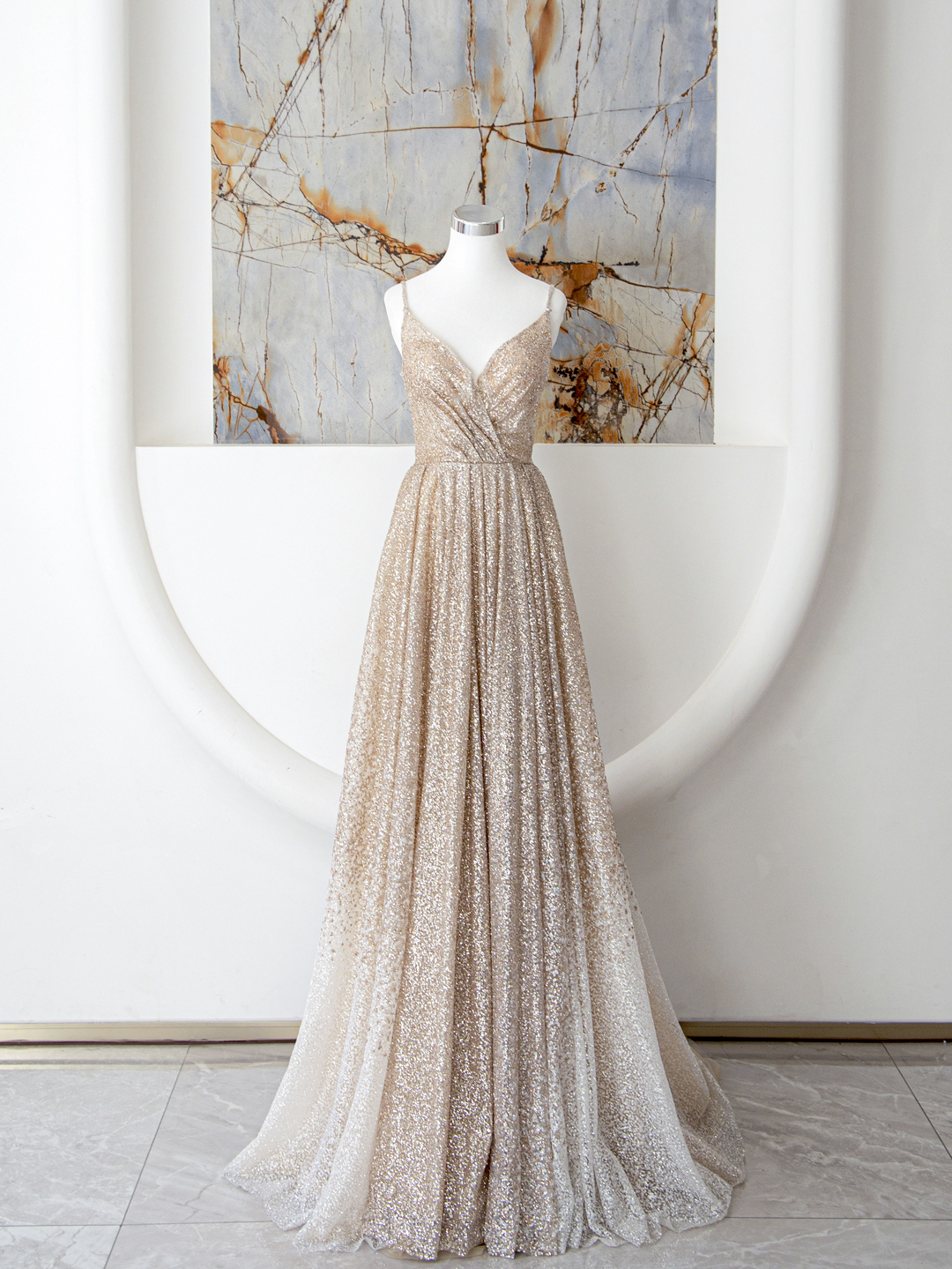 Champagne Sequins Long Prom Dress, A-Line Spaghetti Strap Long Evening Dress