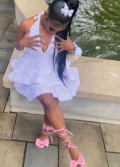 Halter White Sequins Short Homecoming Dresses