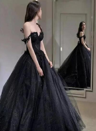 Off Shoulder Black Tulle Prom Dress Lace Applique