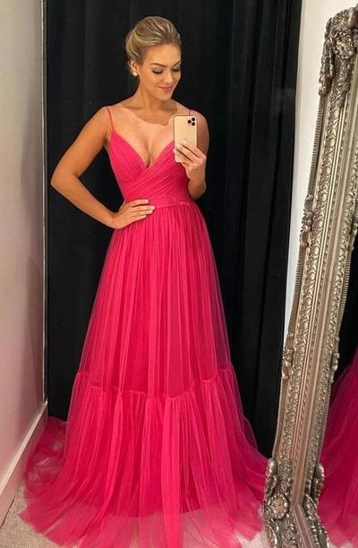 A Line Straps Hot Pink Tulle Prom Dresses
