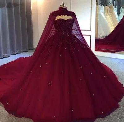 Mermaid Burgundy Ball Gown Tulle Prom Dress With Lace