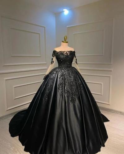 Off Shoulder Black Ball Gown Lace Satin Long Prom Dresses