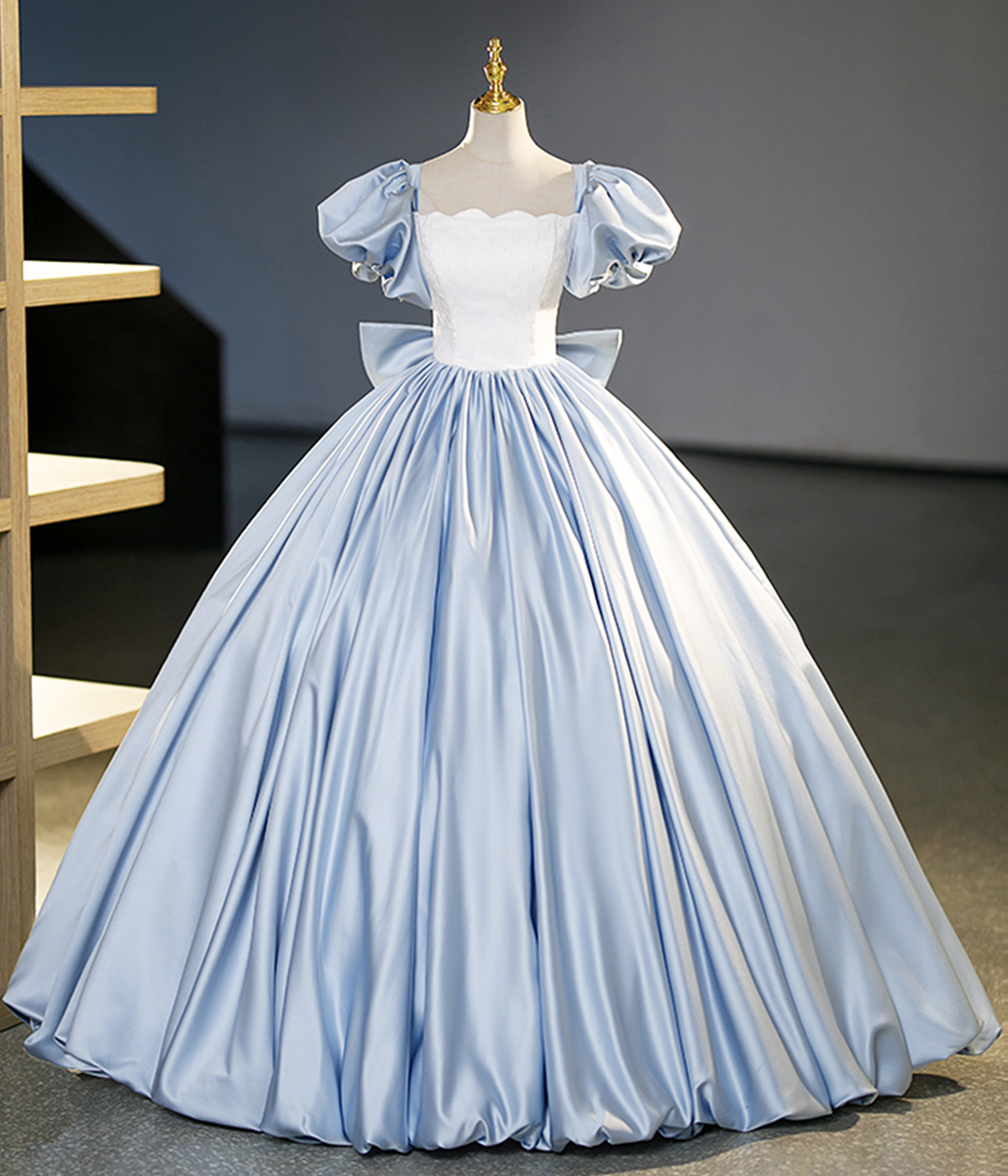 Blue Satin Long Formal Dress, Cute A-Line Short Sleeve Ball Gown