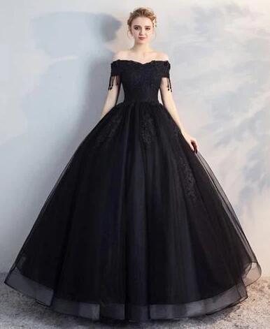 Off Shoulder Top Lace Black Tulle Long Prom Dresses