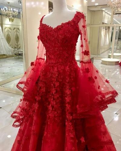 A Line Red Long Tulle Prom Dresses With Lace