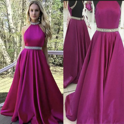High Neck Prom Dresses Waist with Beading Fuchsia