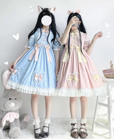 Plus Size Women Cute Japanese Girl Summer Bow Candy Princess Blue & Pink Dress