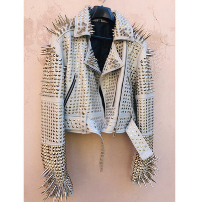 New Men Rock Punk Style Studded White Leather Jacket With Spikes and Studs