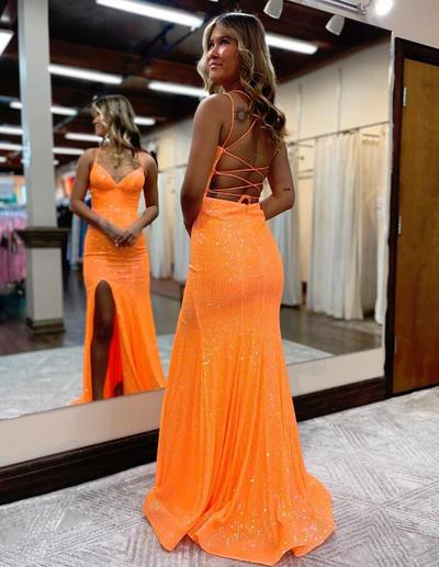 Simple Mermaid V Neck Orange Sequin Prom Dresses with Slit