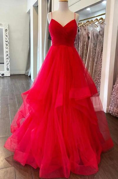 A Line Puffy Red Tulle V Neck Long Prom Dresses