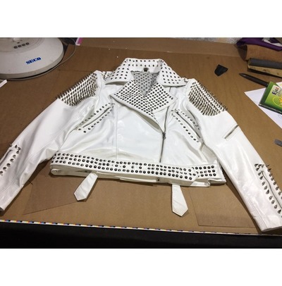 Handmade White Color Biker Real Leather Studded Jackets For Mens