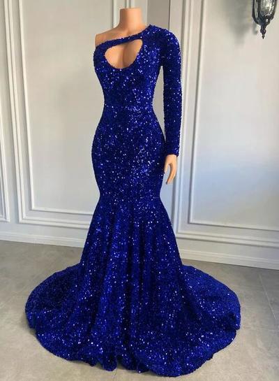One Shoulder Royal Blue Sequin Mermaid Sparkly Prom Dresses