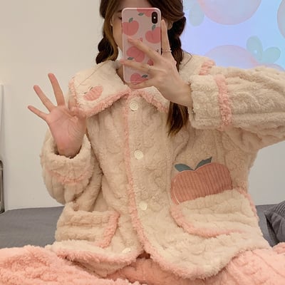 Pink peach cute girl plush coral fleece warm winter pajamas sleepwear long sleeve tops & pants two piece - Thumbnail 4