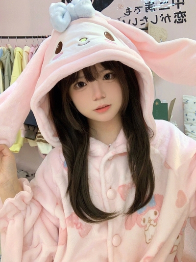 Cute Pink My Melody Soft Girl Plush Coral Fleece Cozy Warm Winter Pajamas Sleepwear Long Sleeve Hoodie Tops & Pants Two Piece