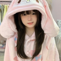 Cute Pink My Melody Soft Girl Plush Coral Fleece Cozy Warm Winter Pajamas Sleepwear Long Sleeve Hoodie Tops & Pants Two Piece - Thumbnail 2