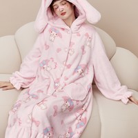 Cute Pink My Melody Soft Girl Plush Coral Fleece Cozy Warm Winter Pajamas Sleepwear Long Sleeve Hoodie Tops & Pants Two Piece - Thumbnail 7