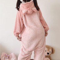 Pink Cute Neko Anime Kitty Cat Girl Plush Coral Fleece Warm Winter Pajamas Sleepwear Hoodie Onesie One Piece - Thumbnail 3