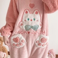 Pink Cute Neko Anime Kitty Cat Girl Plush Coral Fleece Warm Winter Pajamas Sleepwear Hoodie Onesie One Piece - Thumbnail 4