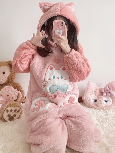 Pink Cute Neko Anime Kitty Cat Girl Plush Coral Fleece Warm Winter Pajamas Sleepwear Hoodie Onesie One Piece