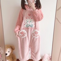 Pink Cute Neko Anime Kitty Cat Girl Plush Coral Fleece Warm Winter Pajamas Sleepwear Hoodie Onesie One Piece - Thumbnail 2