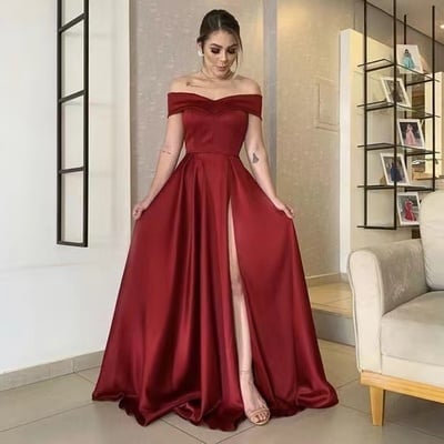 Off shoulder prom dresses burgundy slit side - Thumbnail 1