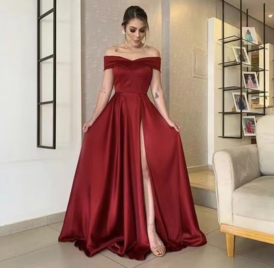 Off Shoulder Prom Dresses Burgundy Slit Side