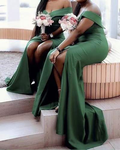 Green Bridesmaid Dresses Off Shoulder Mermaid Slit Side