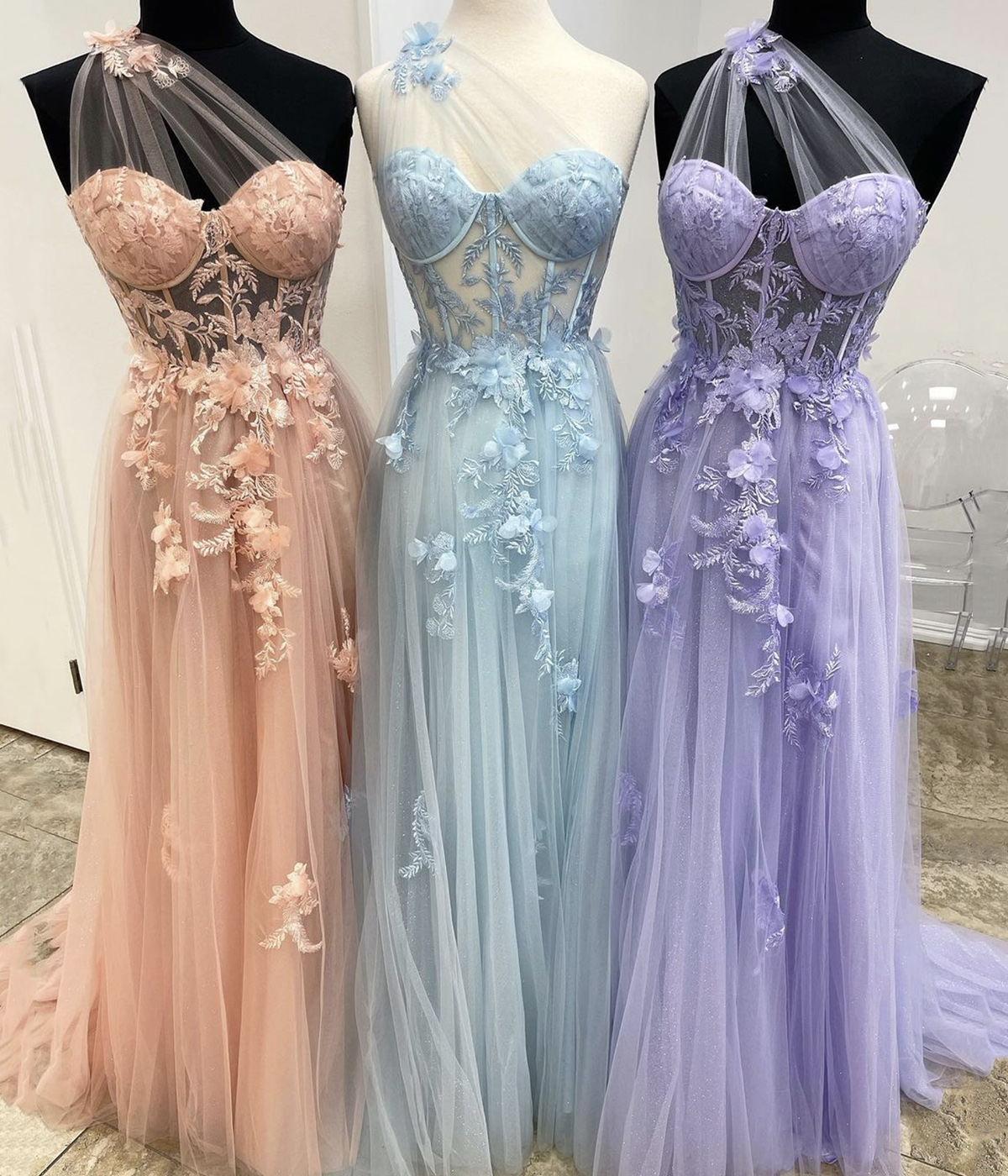 Cute Tulle Lace Long Prom Dress, A-Line One Shoulder Evening Dress