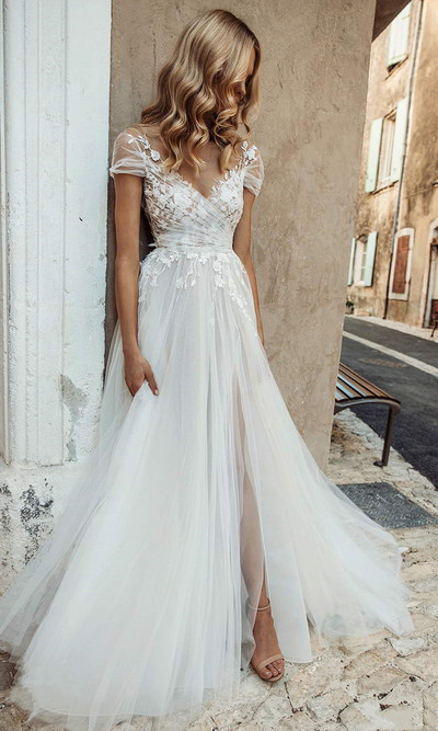 Wedding Dresses,Off the Shoulder Applique Lace Tulle Wedding Gown with High Split,918