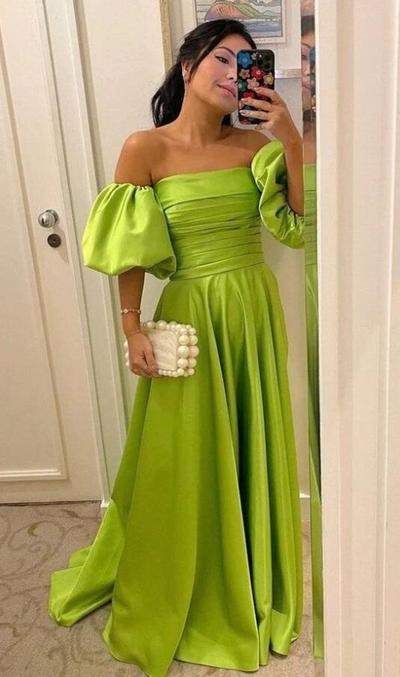 Off shoulder puff sleeve floor length prom dresses