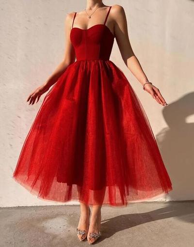 A Line Elegant Ankle Length Red Tulle Prom Dresses