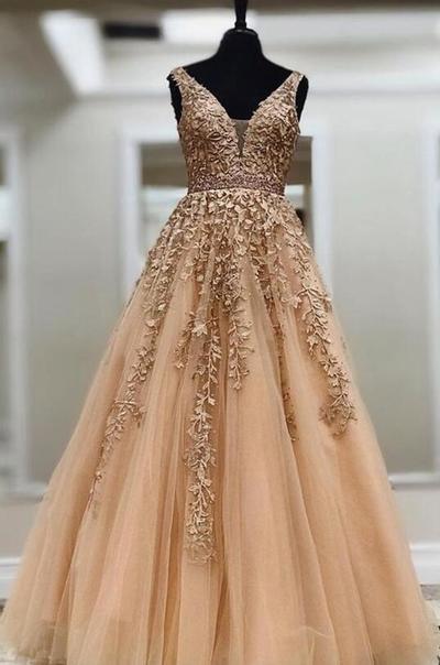 A Line V-neck Long Prom Dress with Appliques and Beading